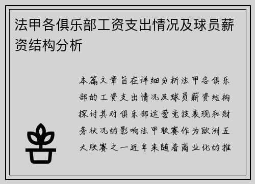 法甲各俱乐部工资支出情况及球员薪资结构分析