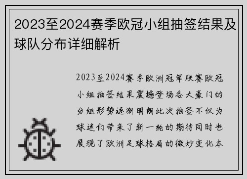 2023至2024赛季欧冠小组抽签结果及球队分布详细解析